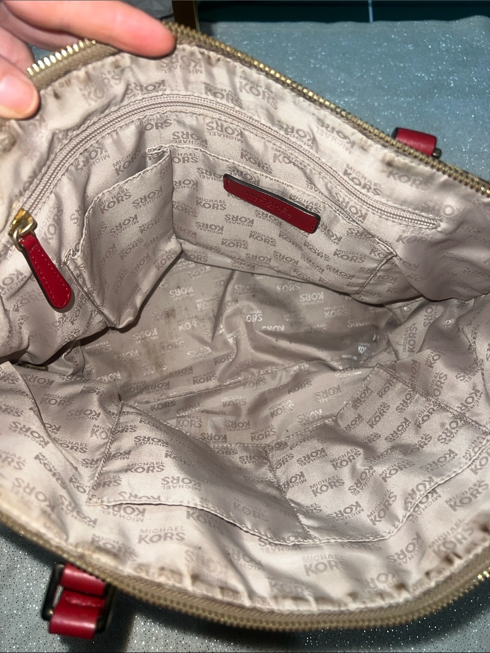 Michael Kors Beige Logo Tote with Red Trim - Picture 9 of 11